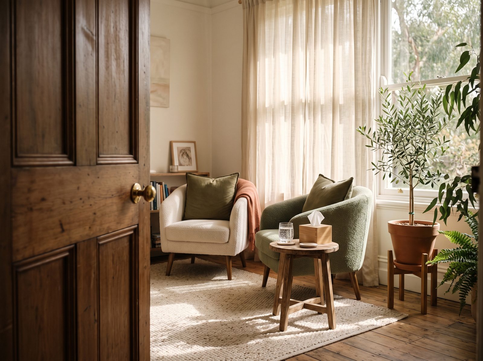 The consulting room door open in warm light at Metanoia Counselling, Doncaster